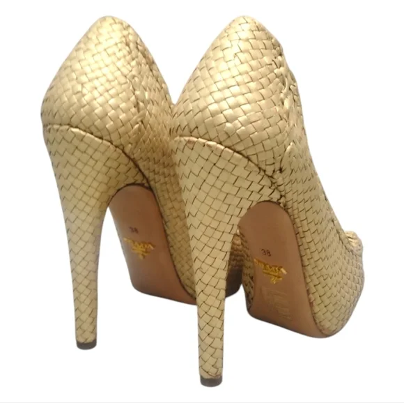 PRADA | Raffia Platform Pumps Beige Gold Heels Size 38 Italy - Picture 5 of 9